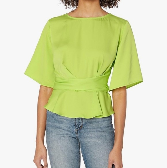 J.O.A. Open Back Top Peplum Tie Front Flared Sleeves Women Medium Bright Green. - Picture 2 of 7